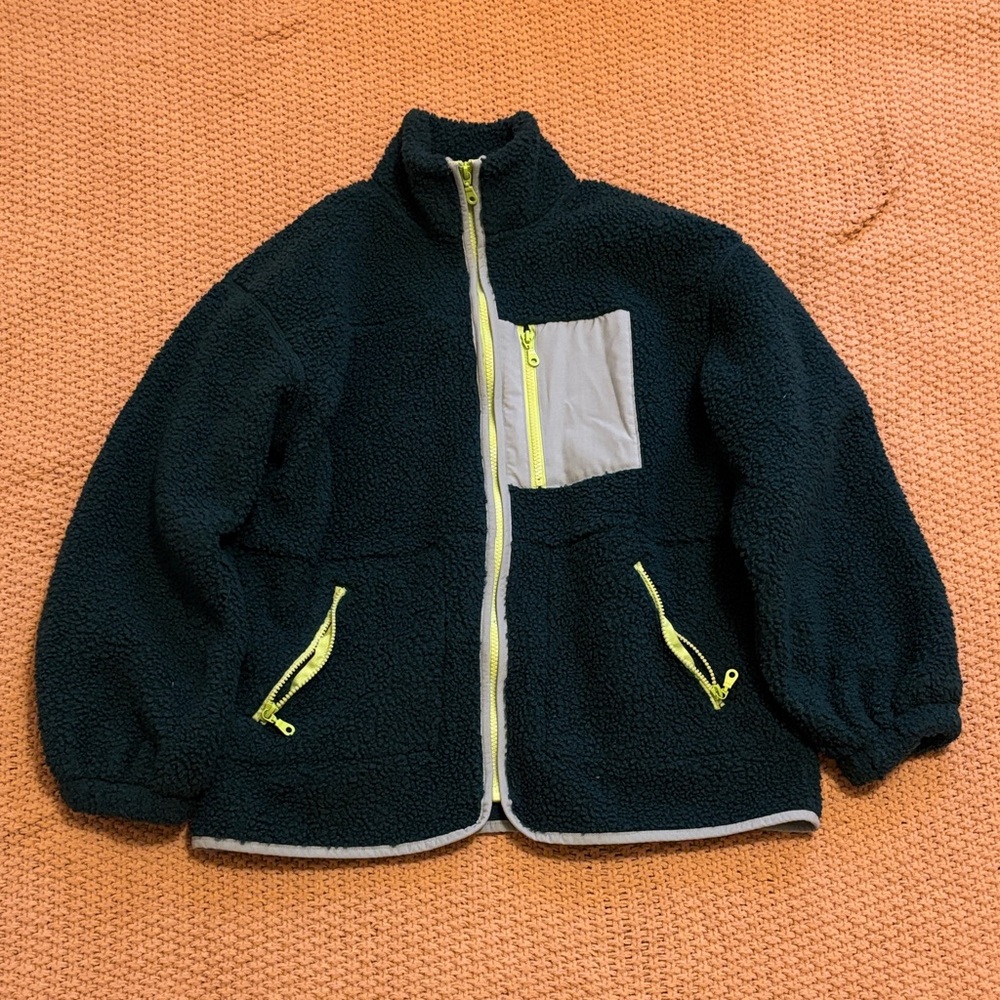Universal Thread Dark Green Sherpa Zip-Up Jacket with Neon Green Accents